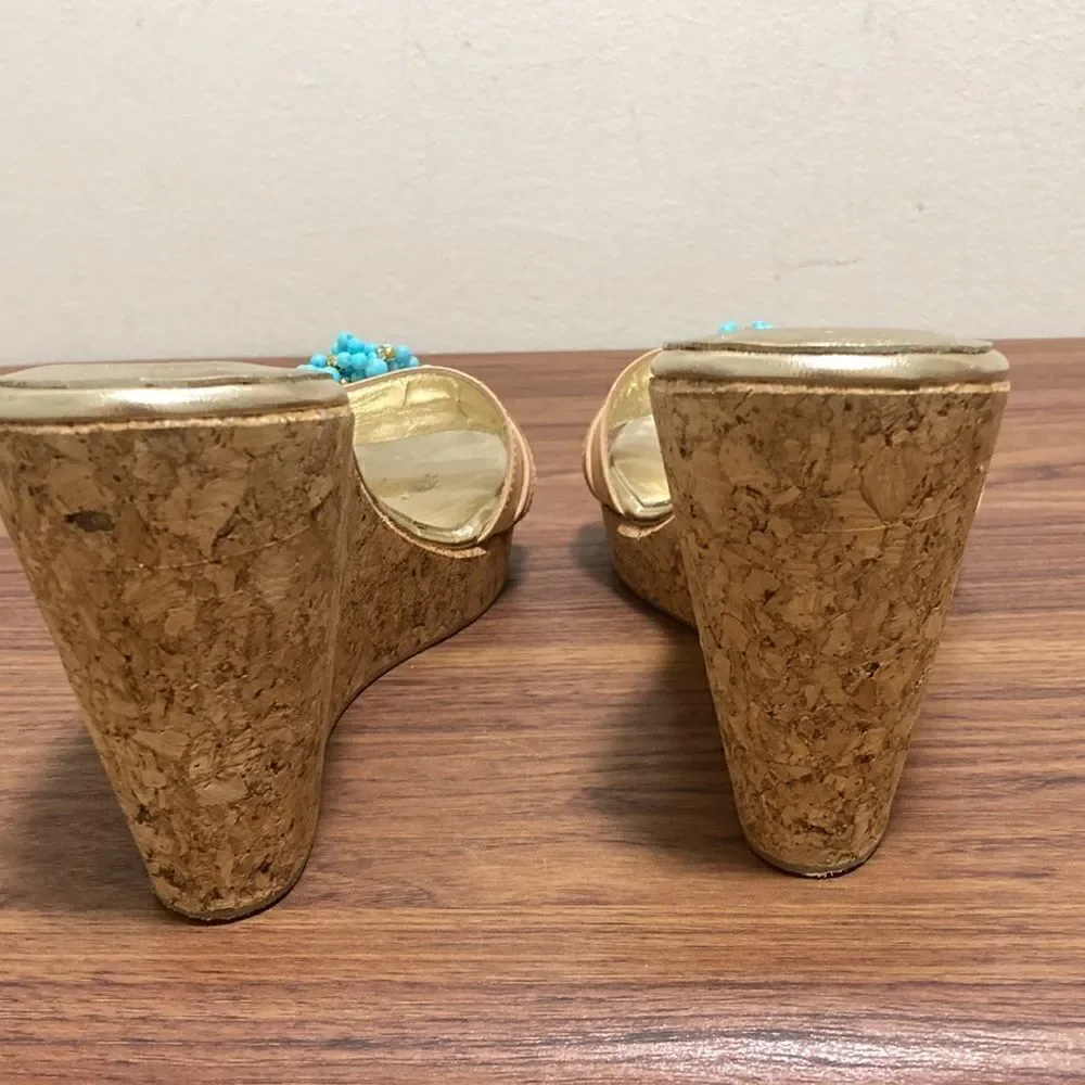 De Martino Capri Cork Wedge Leather Sandal with Turquoise & Gold Beads. Size 8.